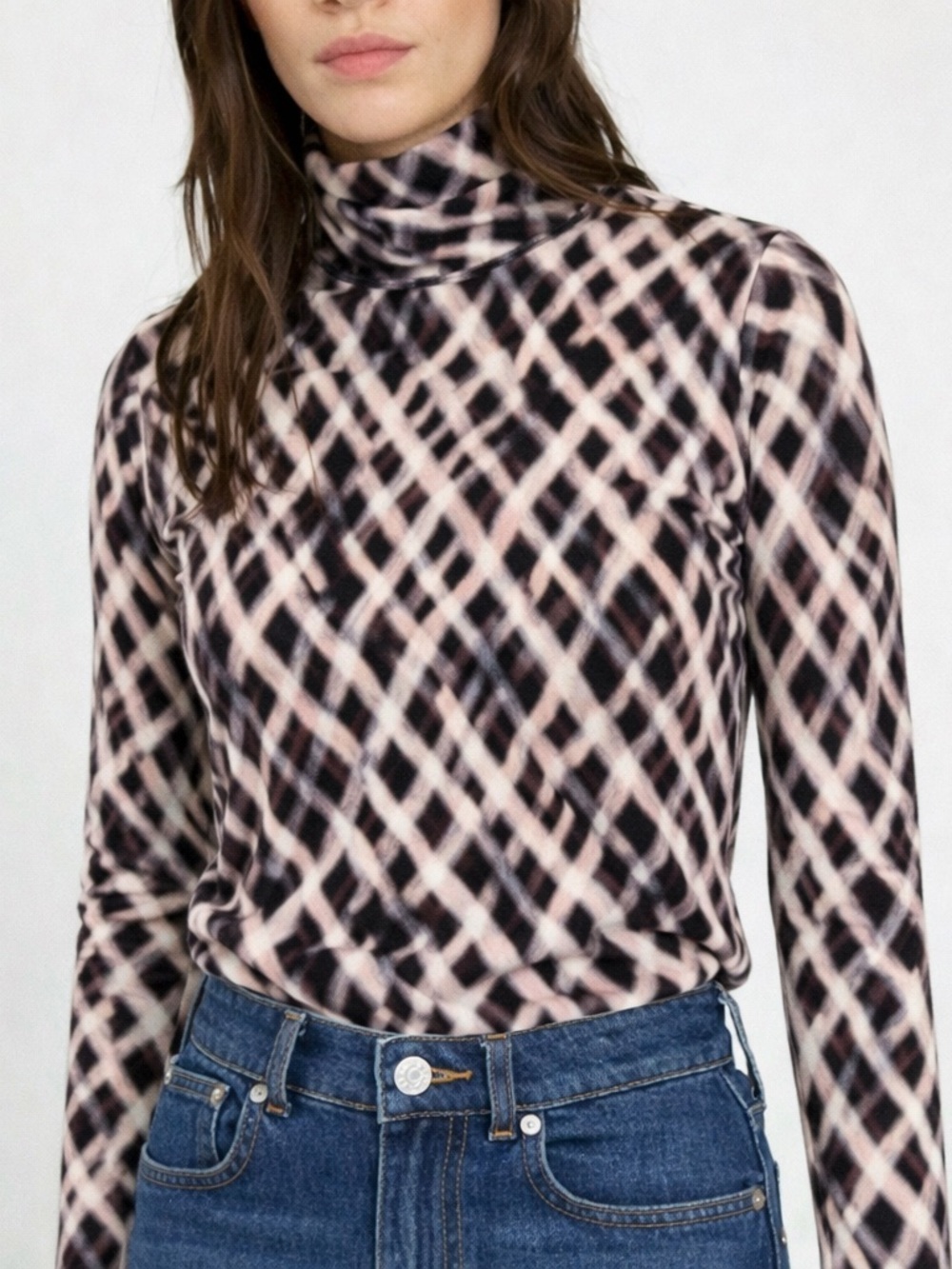 Frank & Oak Pink and Black Plaid Turtleneck Long Sleeve Top
